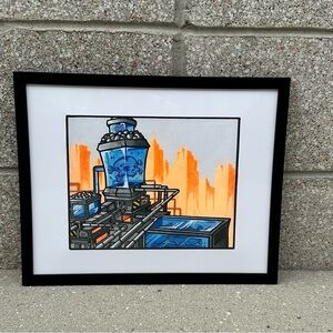 Original Art Orange and Blue Industrial Style on Canvas Board 8x10 Framed